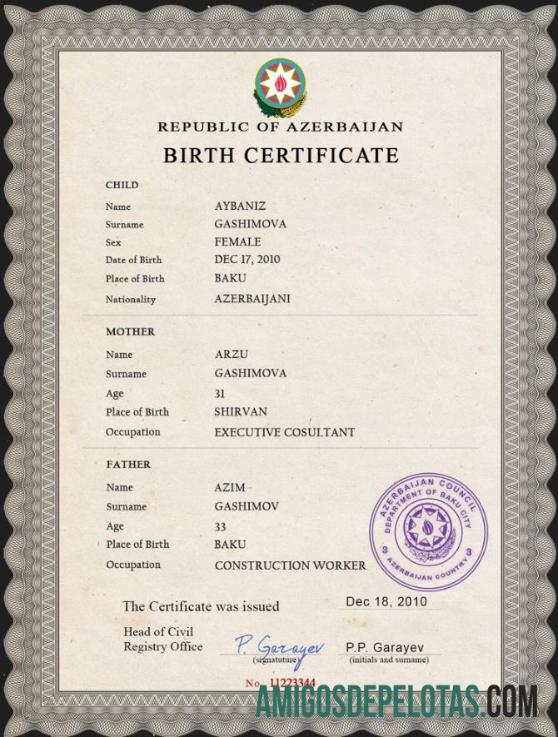 Em branco modelo PSD de certidão de nascimento do Azerbaijão